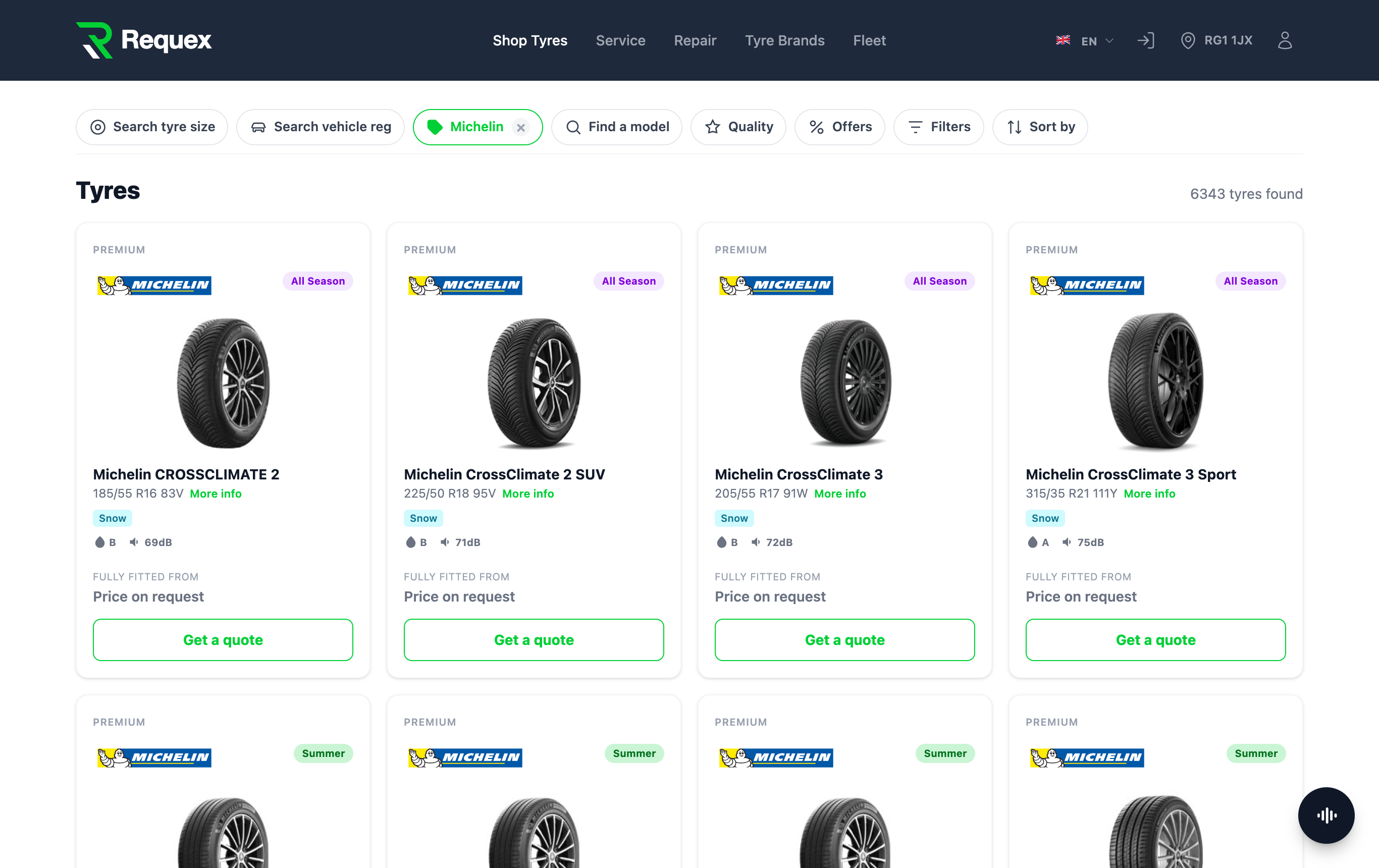 The tyre catalogue in your Requex workspace