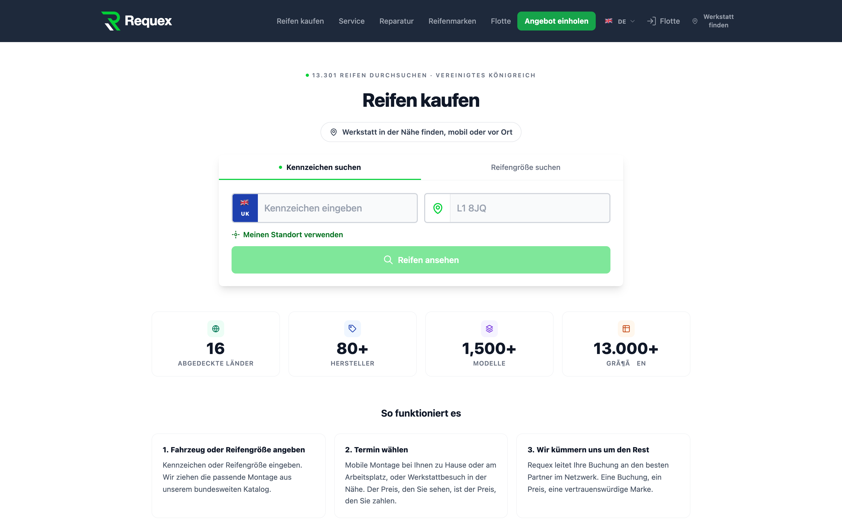Der Requex-Marktplatz, wo Kunden Reifen kaufen und Montage buchen.