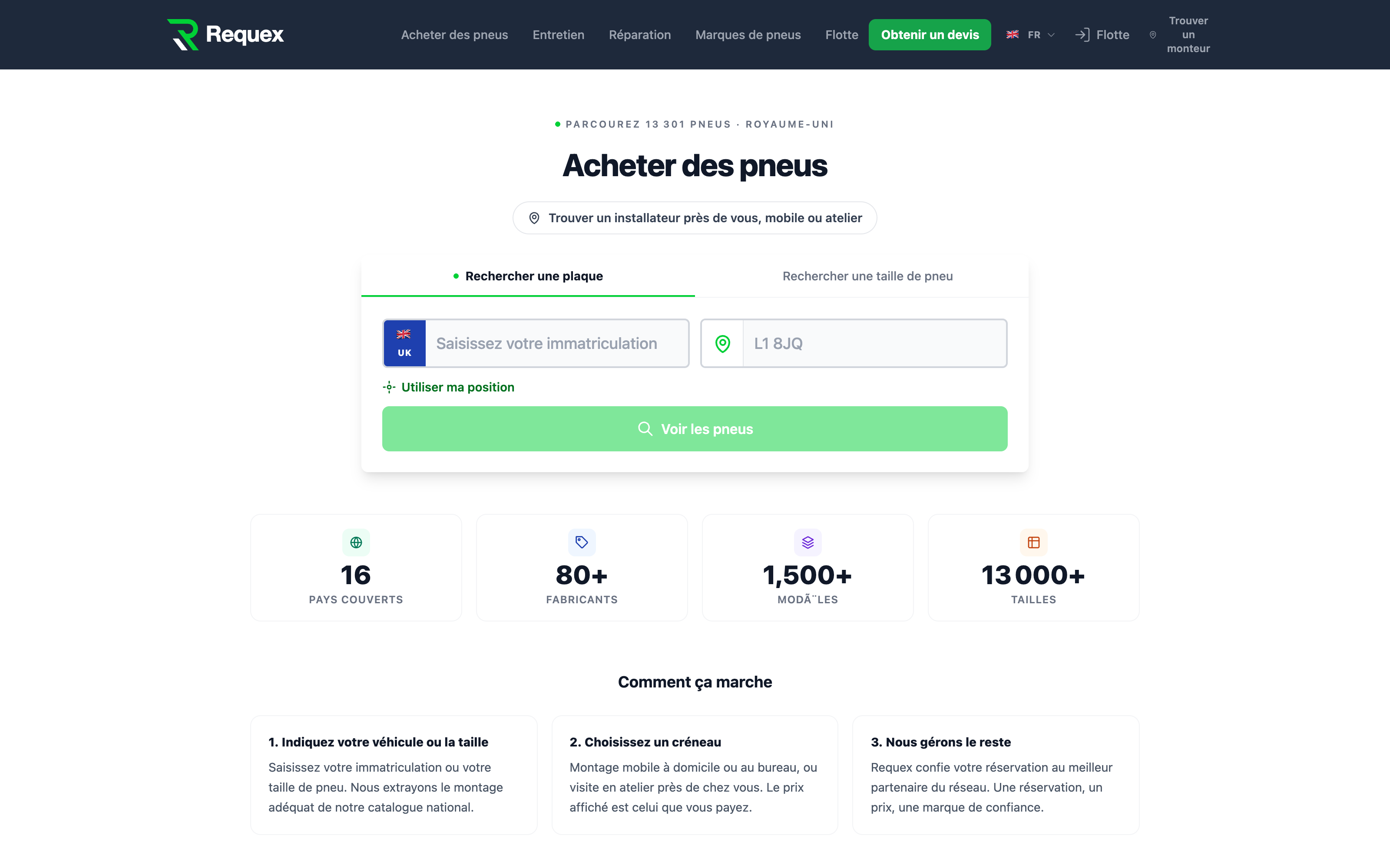 La vitrine du marché Requex où les clients achètent des pneus et réservent le montage.