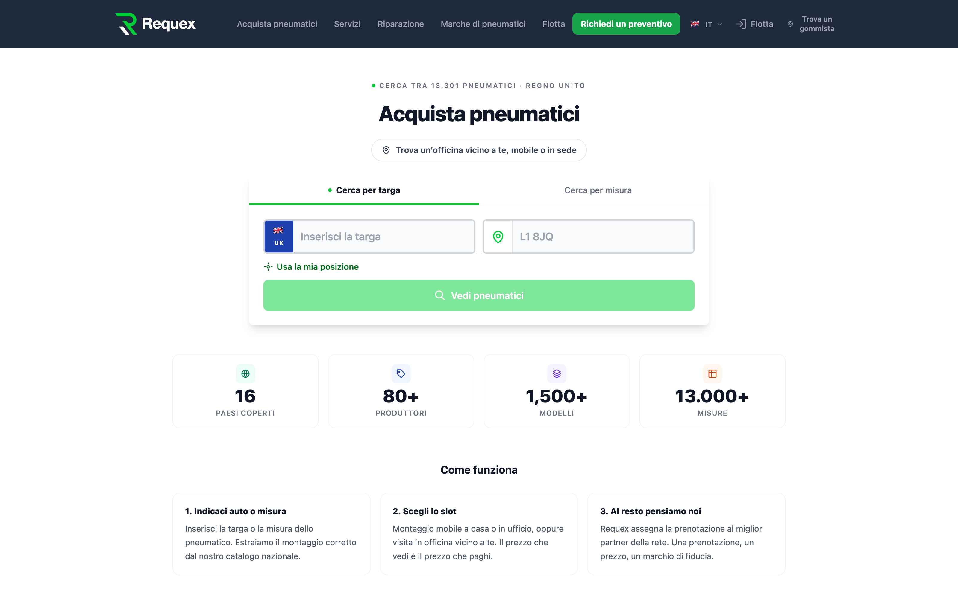 Il negozio online di Requex dove i clienti acquistano pneumatici e prenotano il montaggio.