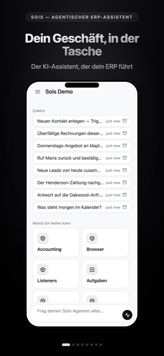 Der Sois-Startbildschirm: aktuelle Chats und die Module, die der Agent nutzen kann.
