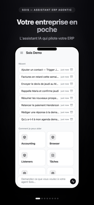 L'écran d'accueil de Sois : discussions récentes et modules disponibles pour l'agent.