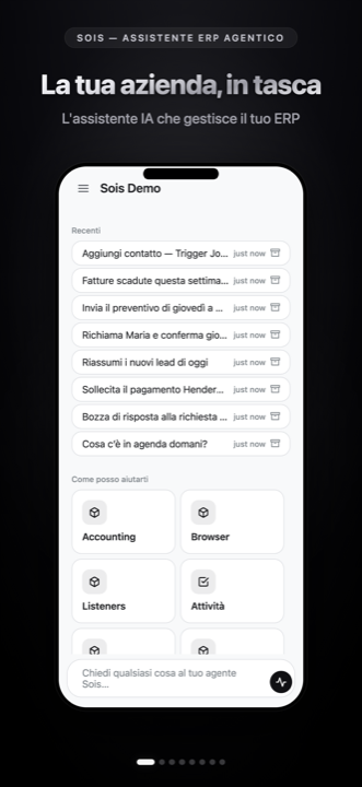 La schermata principale di Sois: chat recenti e i moduli che l'agente può utilizzare.