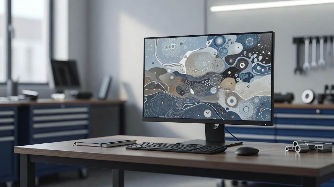 A screen on a workshop office desk showing an abstract interface