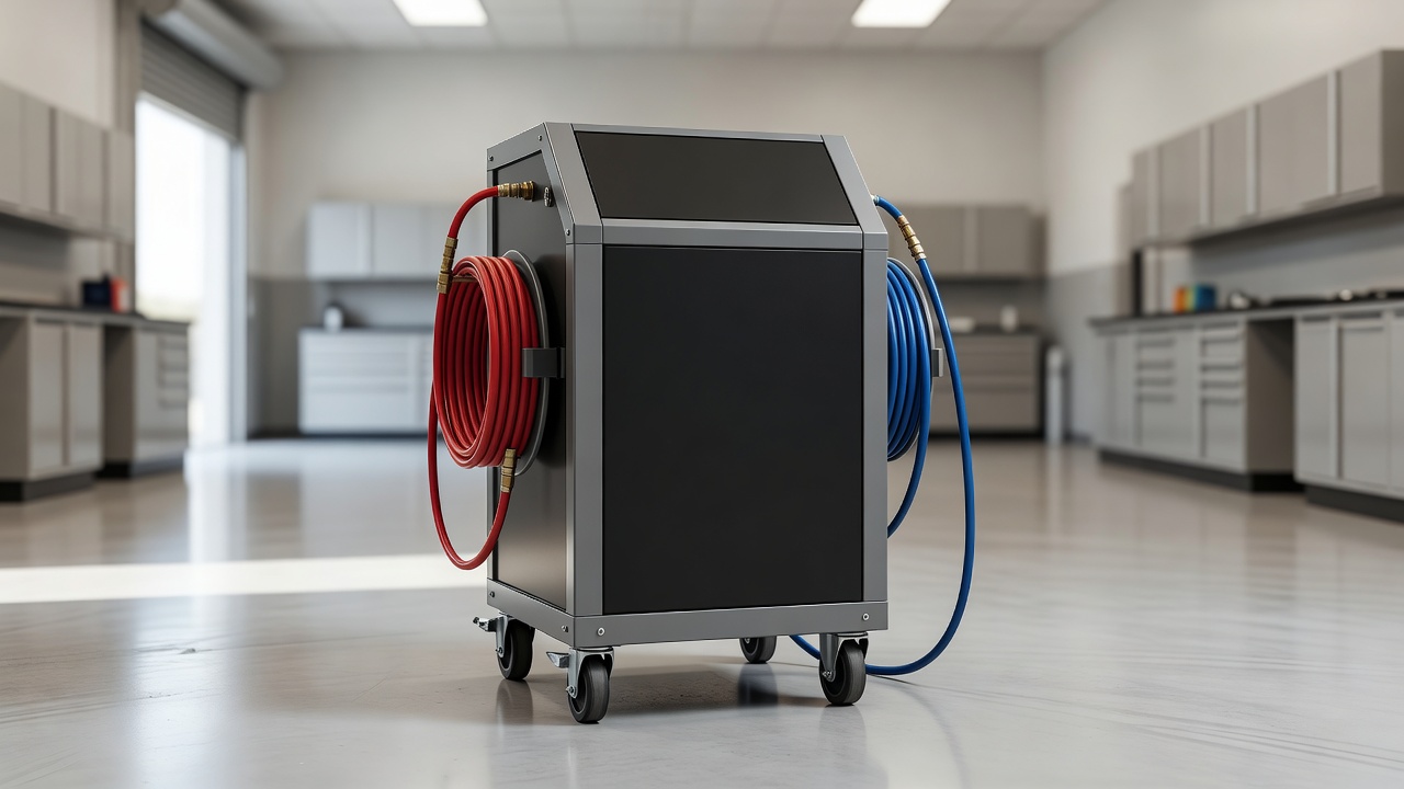An air conditioning service machine in a workshop bay