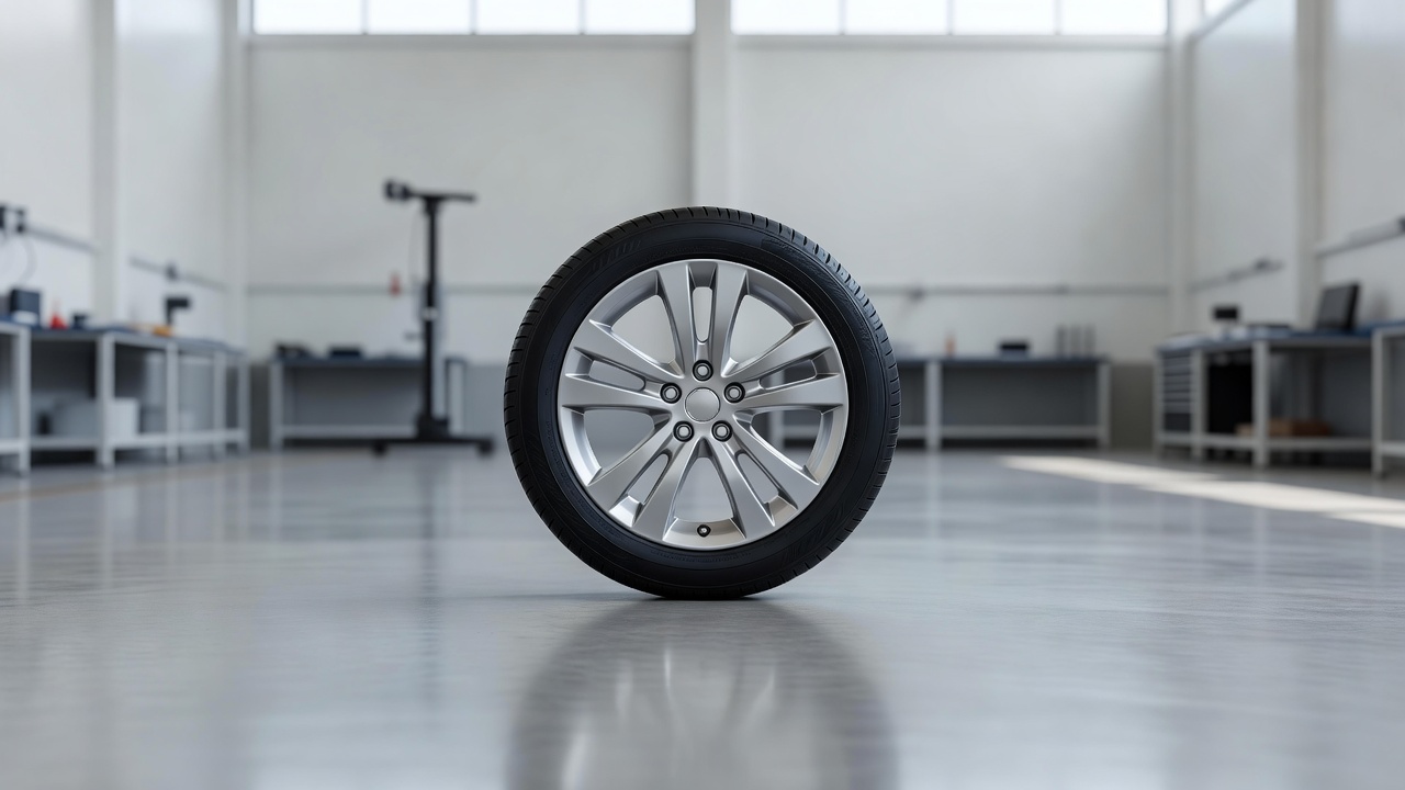 A wheel and hub viewed straight on in a workshop