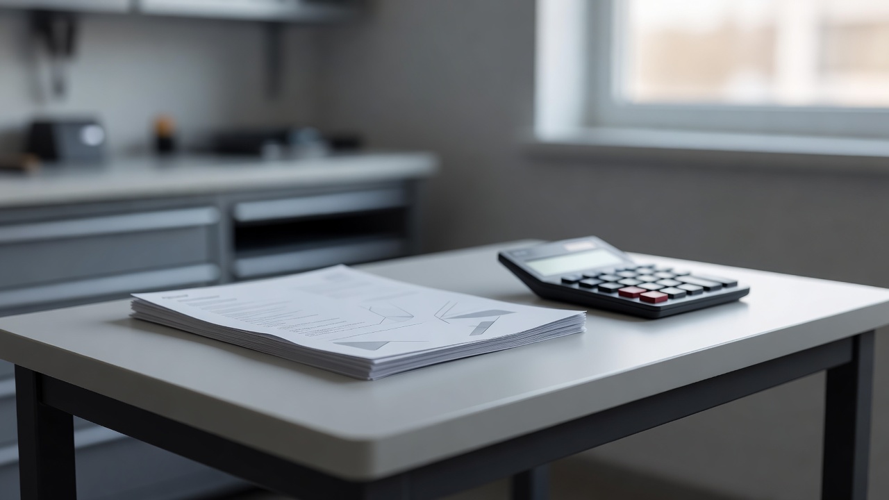 A workshop office desk with paperwork and a calculator