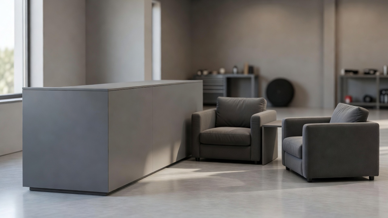 A quiet workshop reception area with seating