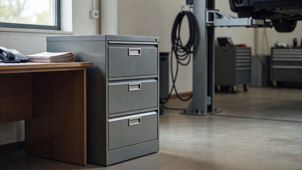 A locked filing cabinet in a workshop office