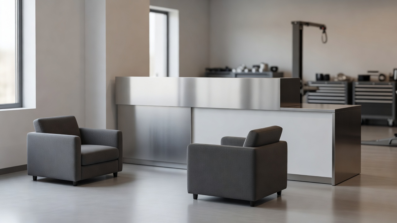 A tidy workshop reception with seating and daylight