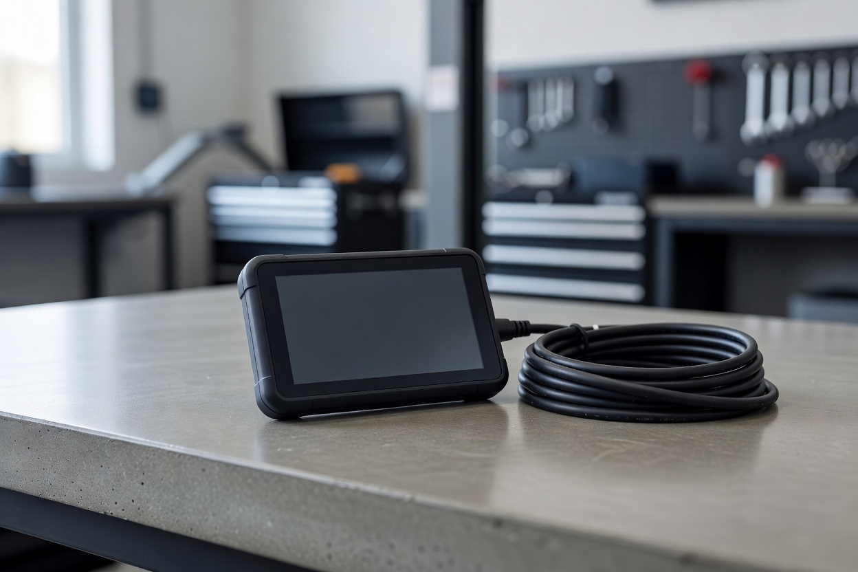A diagnostic scan tool resting on a workshop bench