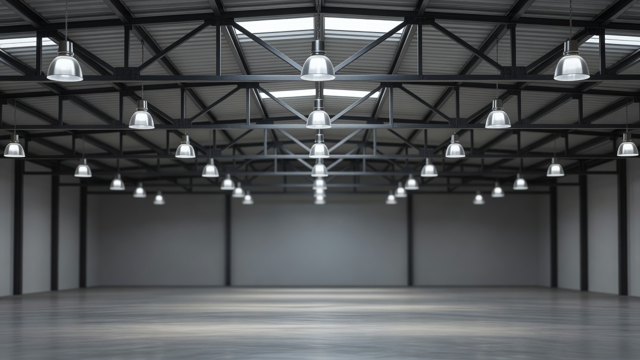 Overhead lighting in an empty workshop