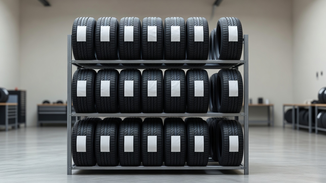 New tyres racked in a workshop with label stickers attached