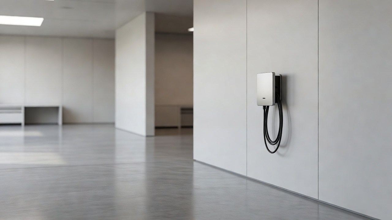 A modern workshop bay with a charging point on the wall