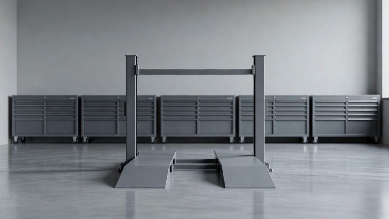 A workshop interior with tools and an empty ramp
