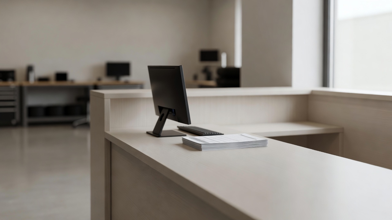 A workshop reception desk with a screen and paperwork