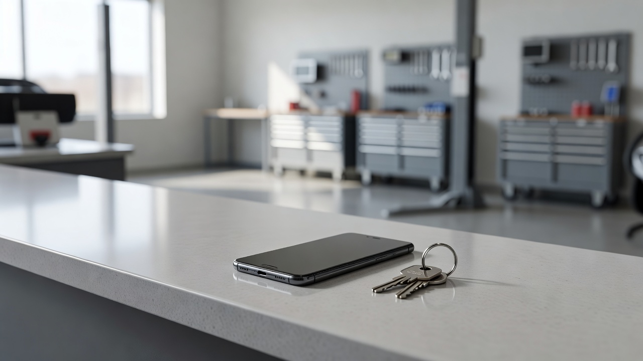 A phone resting on a workshop counter