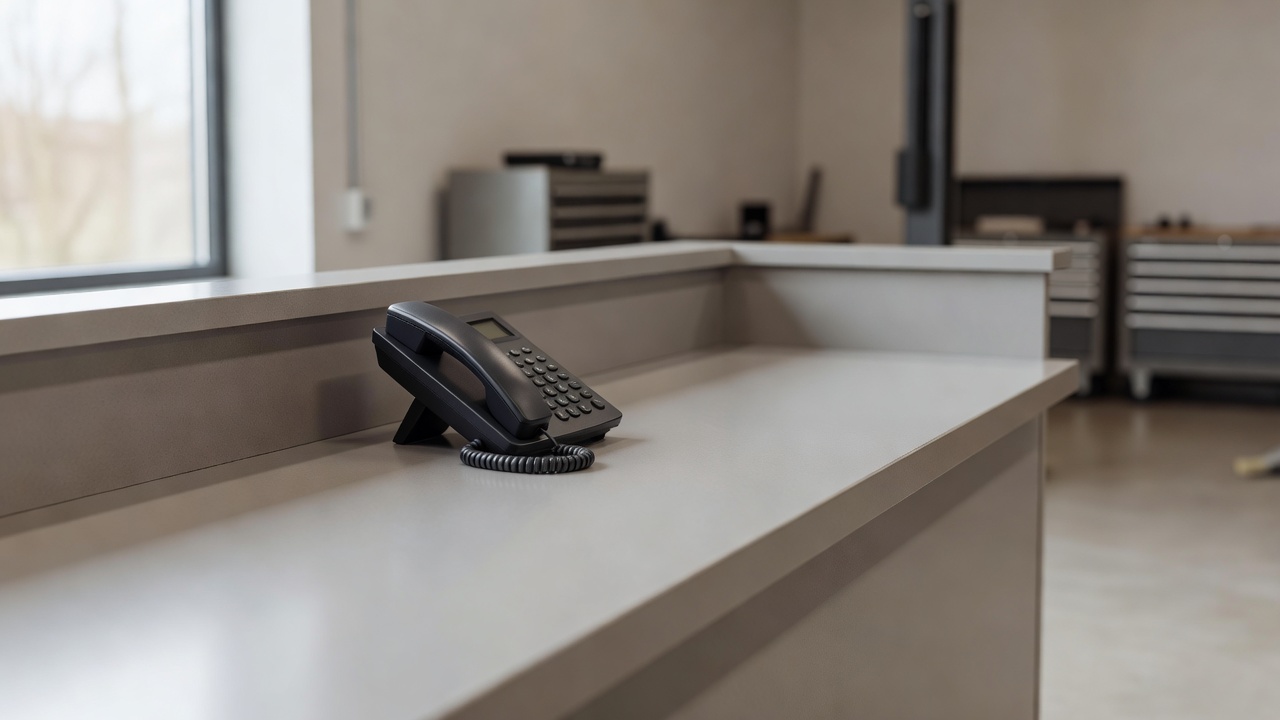 A desk phone on a workshop reception counter