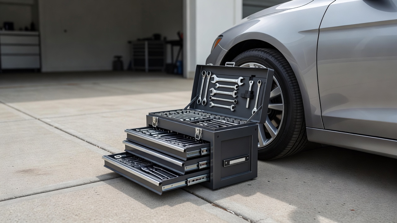 A toolbox open on a driveway beside a car