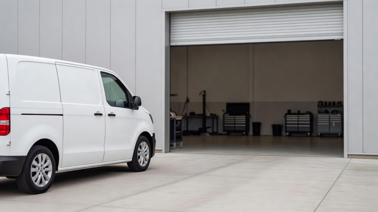 A fitting van parked beside a workshop entrance