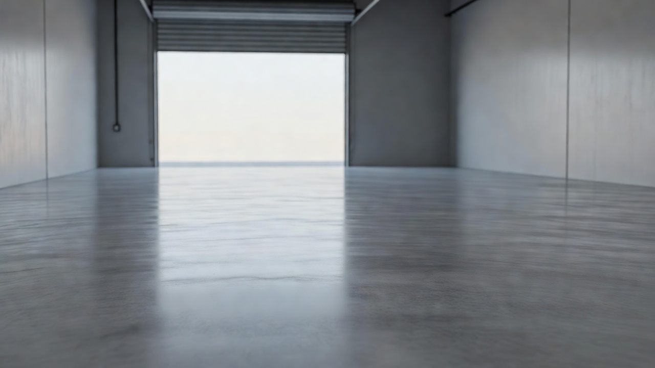 An empty workshop bay with the door open