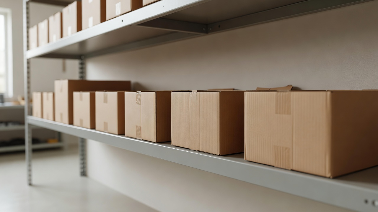 Boxed parts on a workshop shelf