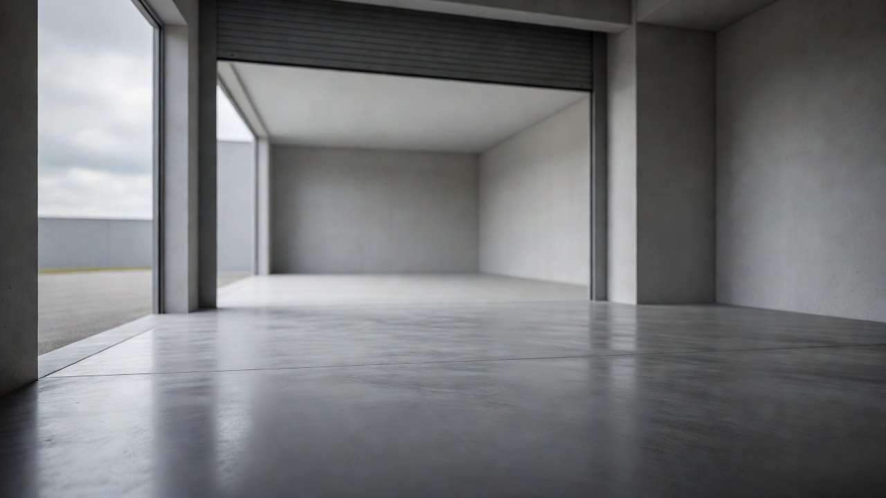 An empty workshop bay with the shutter open to daylight