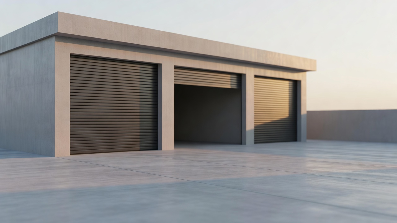 A workshop building seen from outside at the end of the day