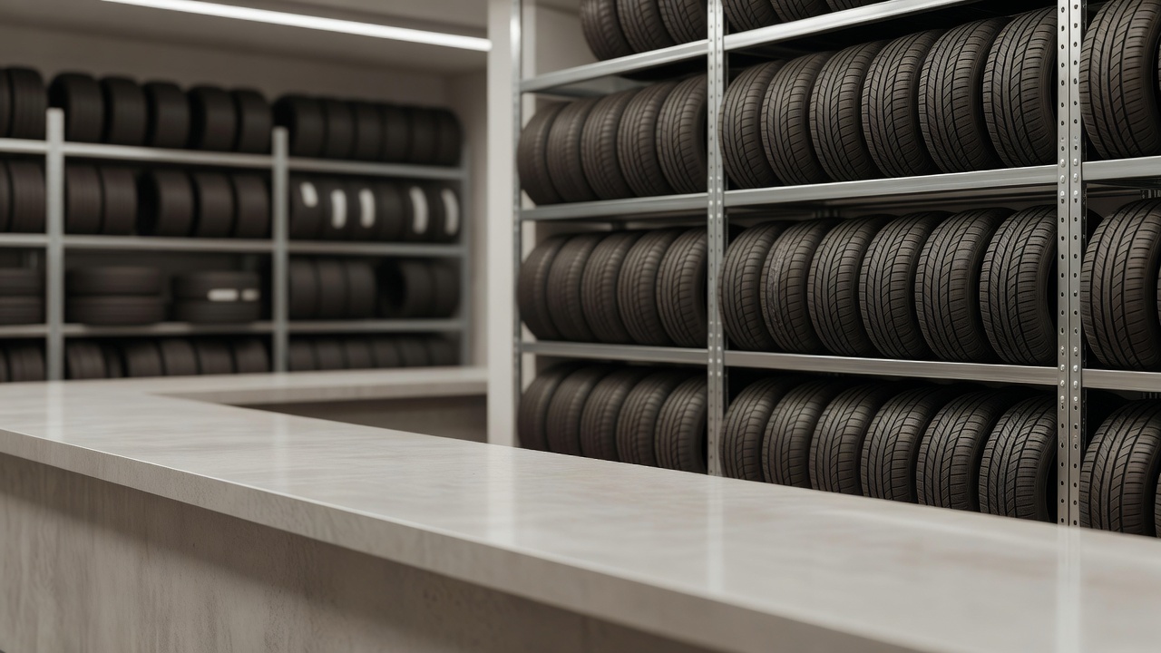 A workshop store with tyres and a counter