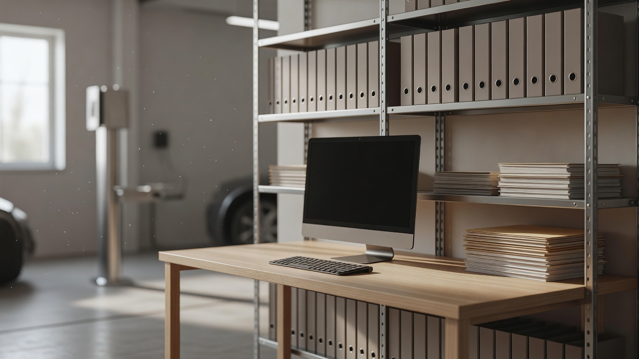 A workshop office with a computer and filing