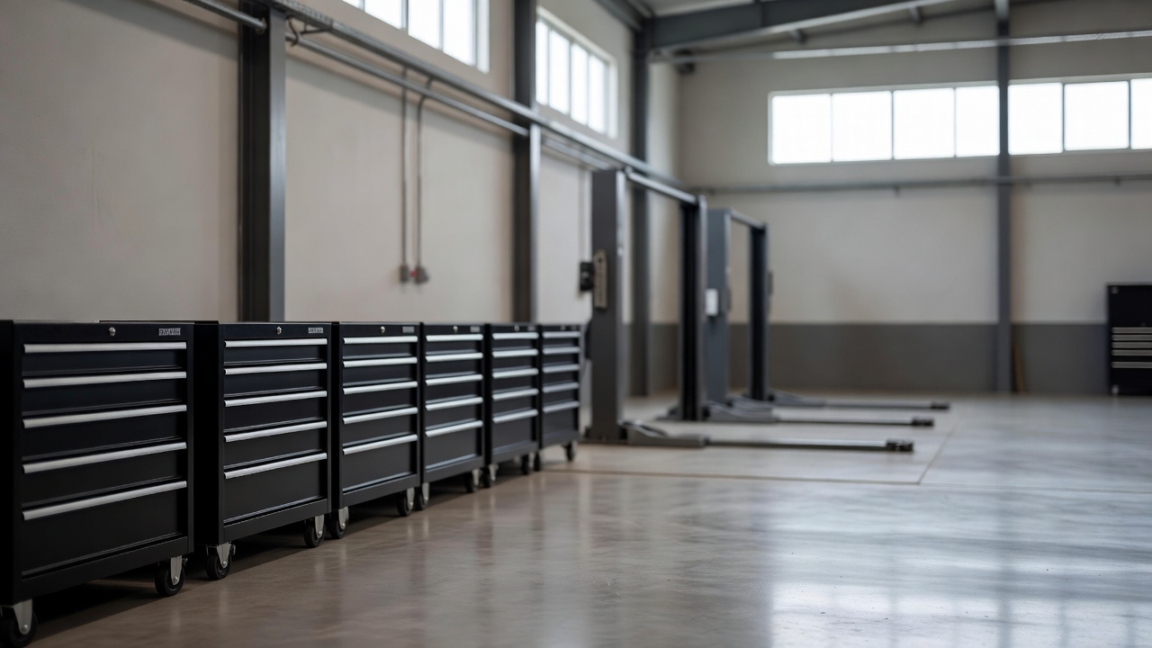 A tidy workshop with tool chests and empty bays