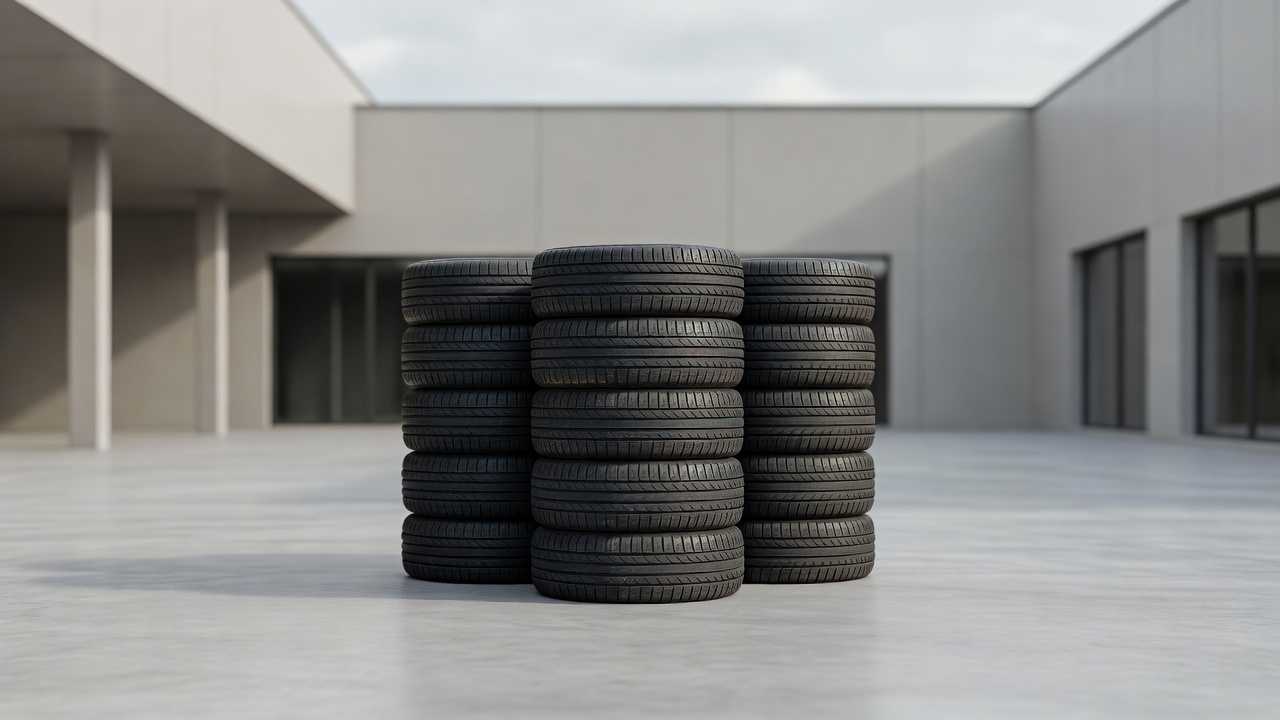 Used tyres stacked in a workshop yard