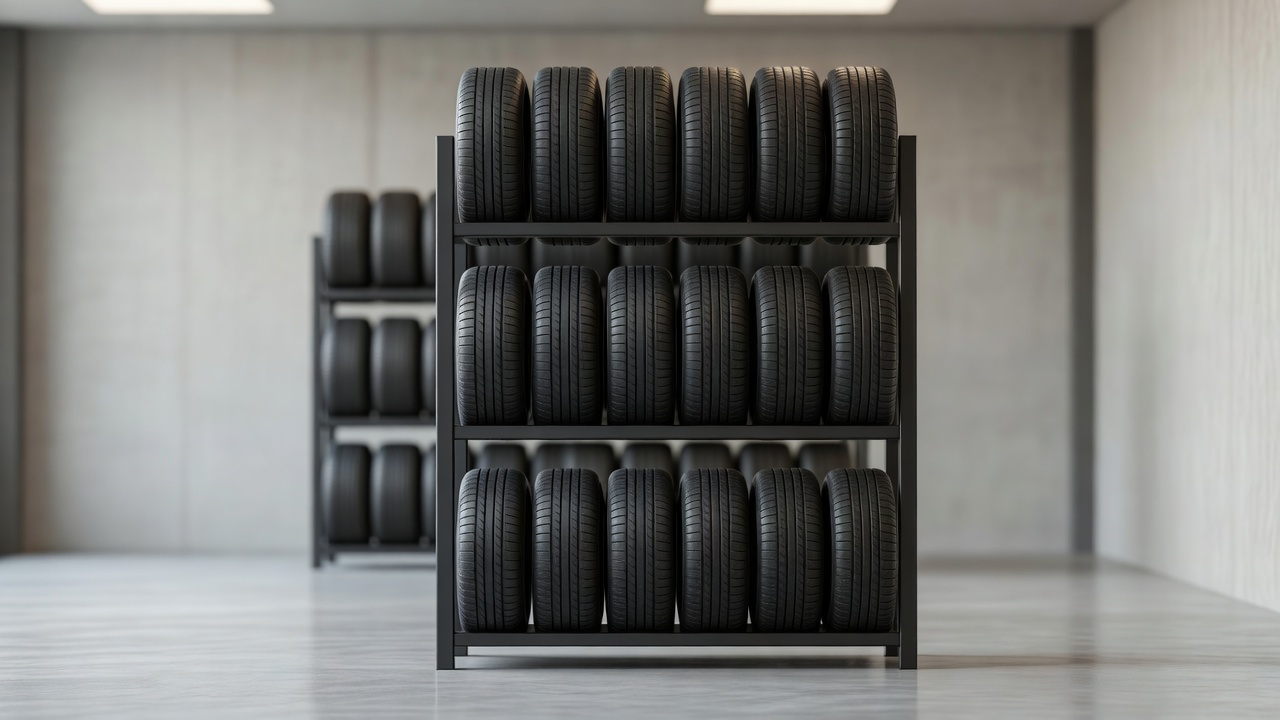 Racks of tyres in a clean workshop