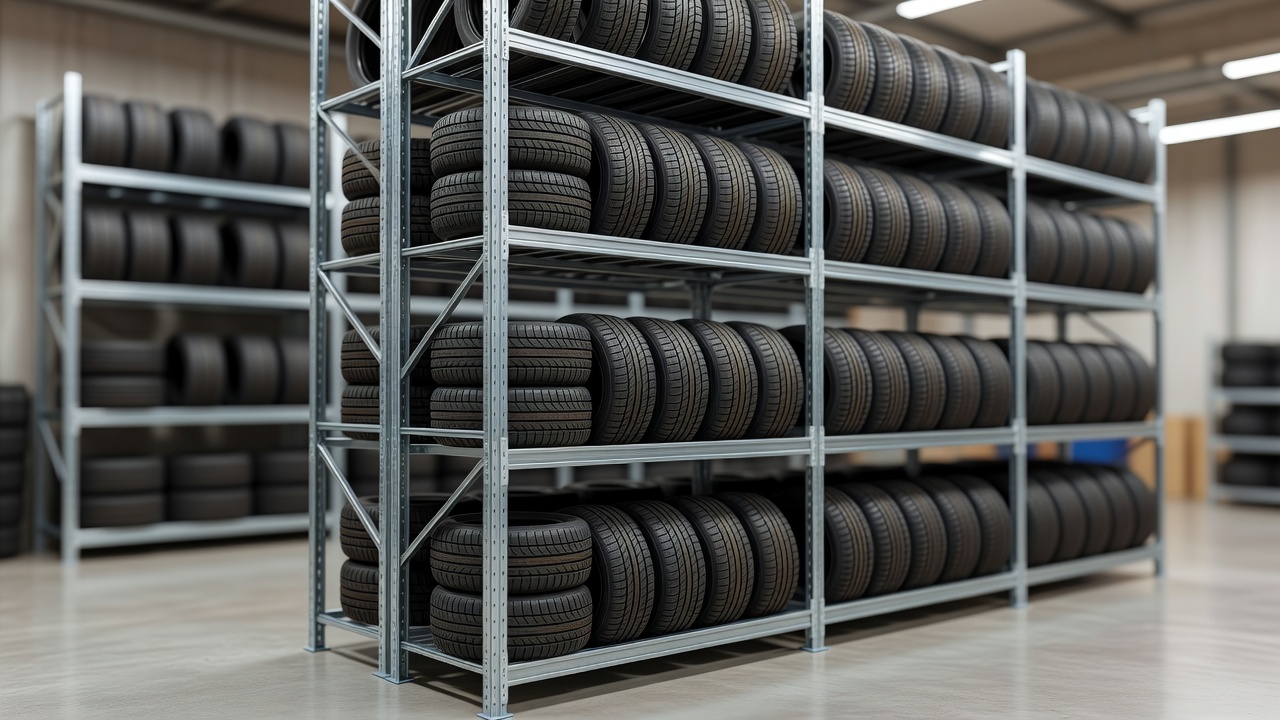 Tyres stacked on warehouse racking in a workshop store