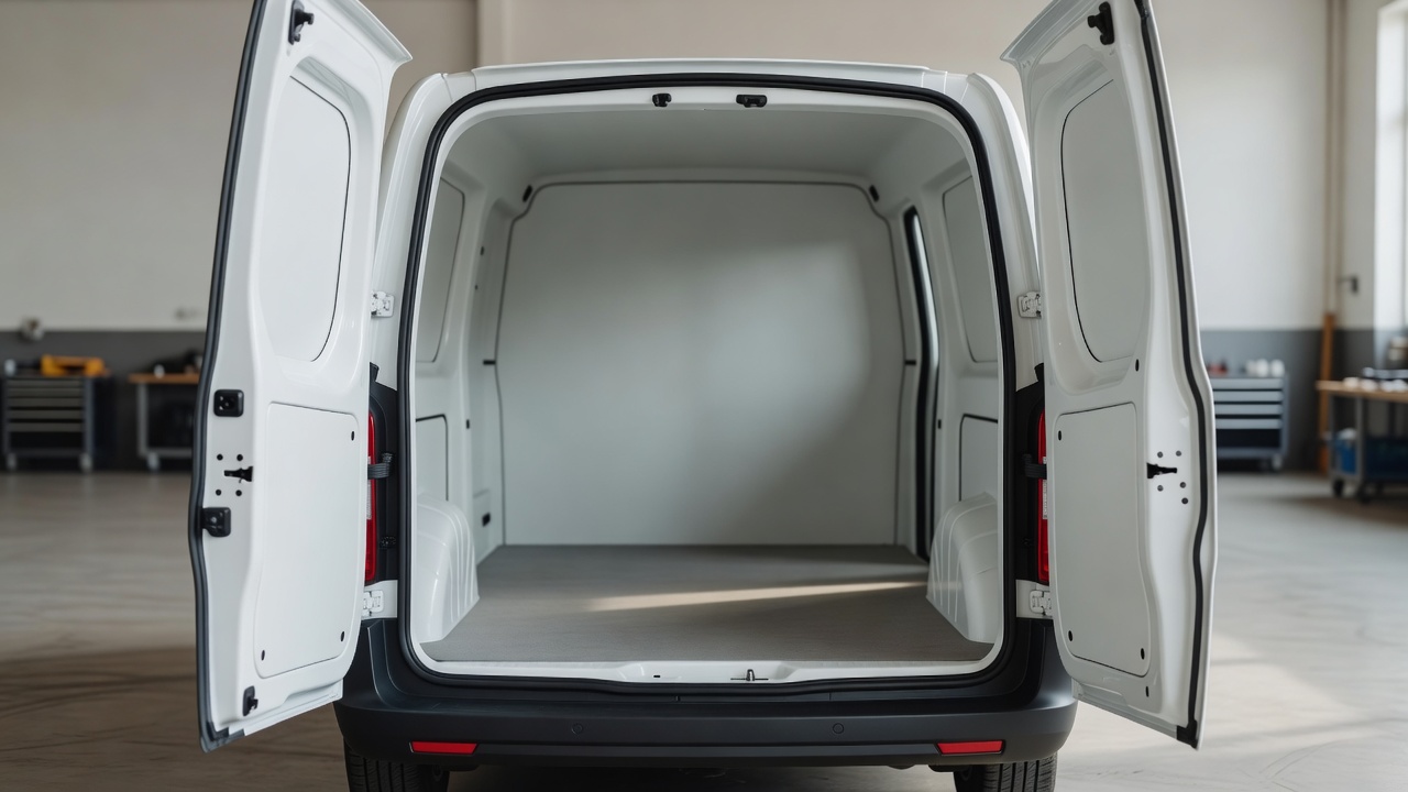 The open rear doors of an empty panel van