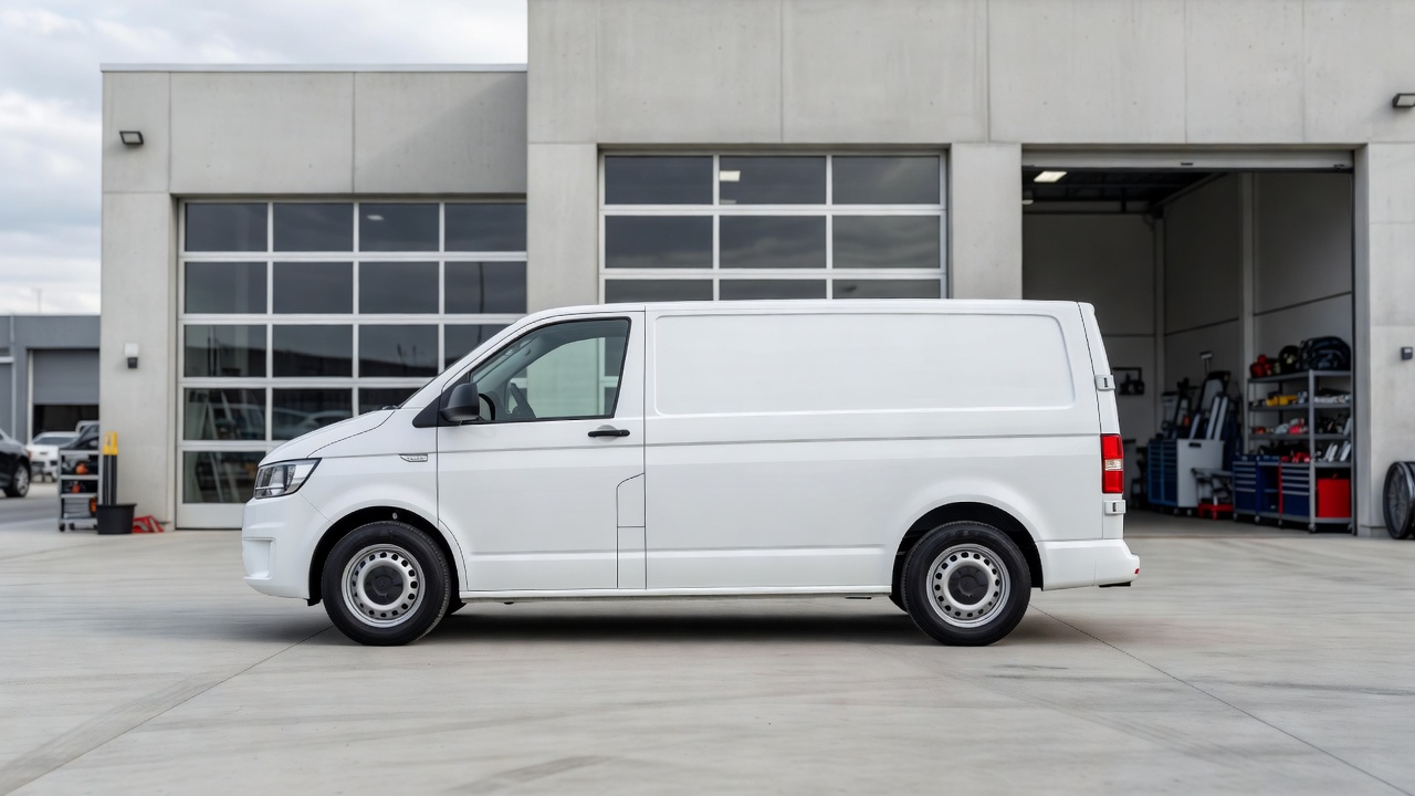 A panel van parked outside a workshop