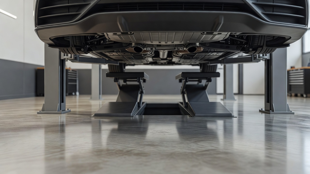 A car raised on a workshop ramp seen from below