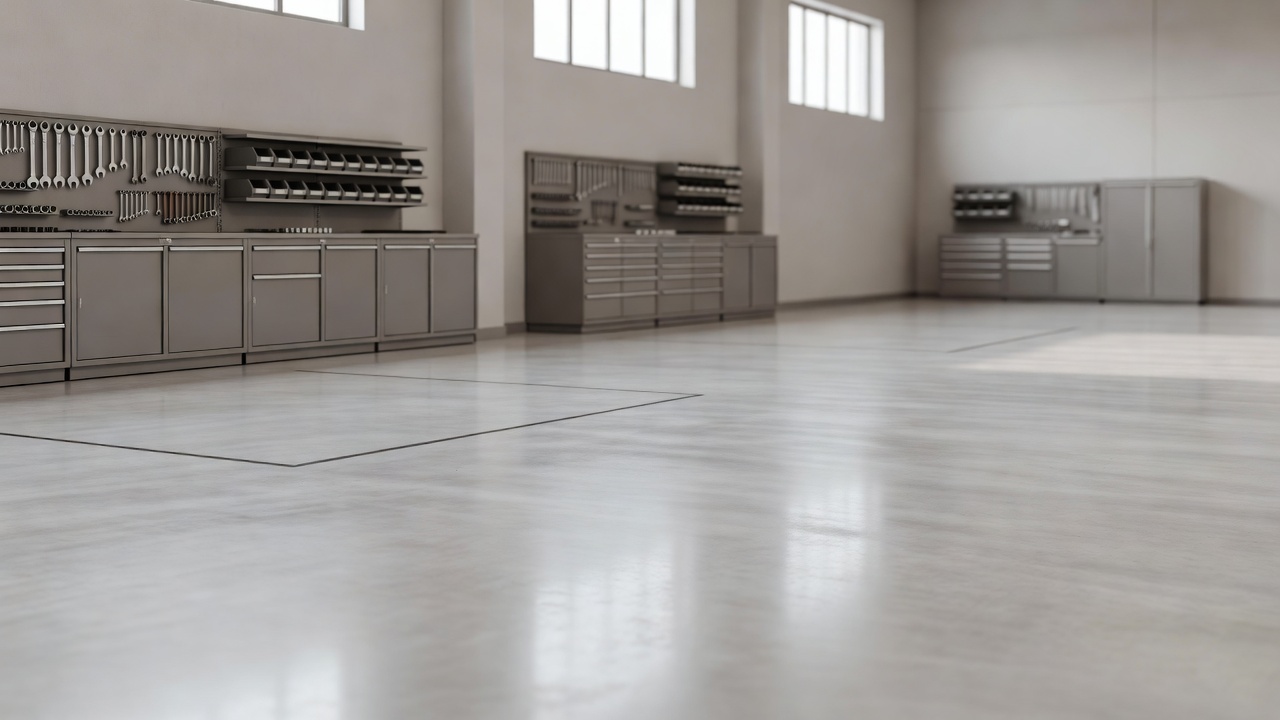 A wide view of an empty workshop floor with two bays