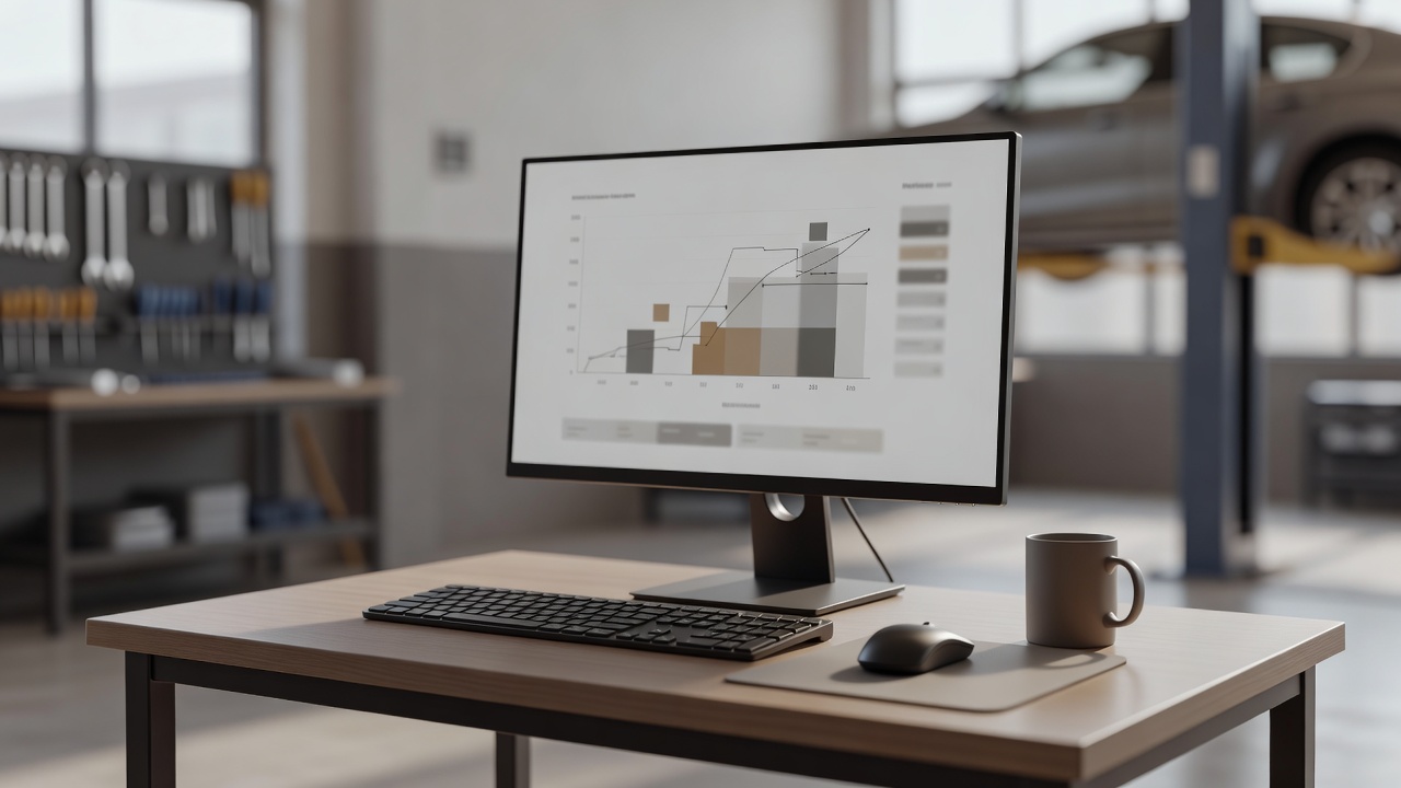 A workshop office desk with a screen showing charts
