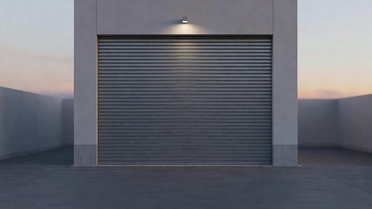 A closed roller shutter on an industrial unit at dusk